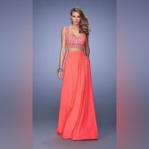 🪸La Femme Two Piece Beaded Pink Grapefruit Coral 2 Piece Prom Formal Dress
